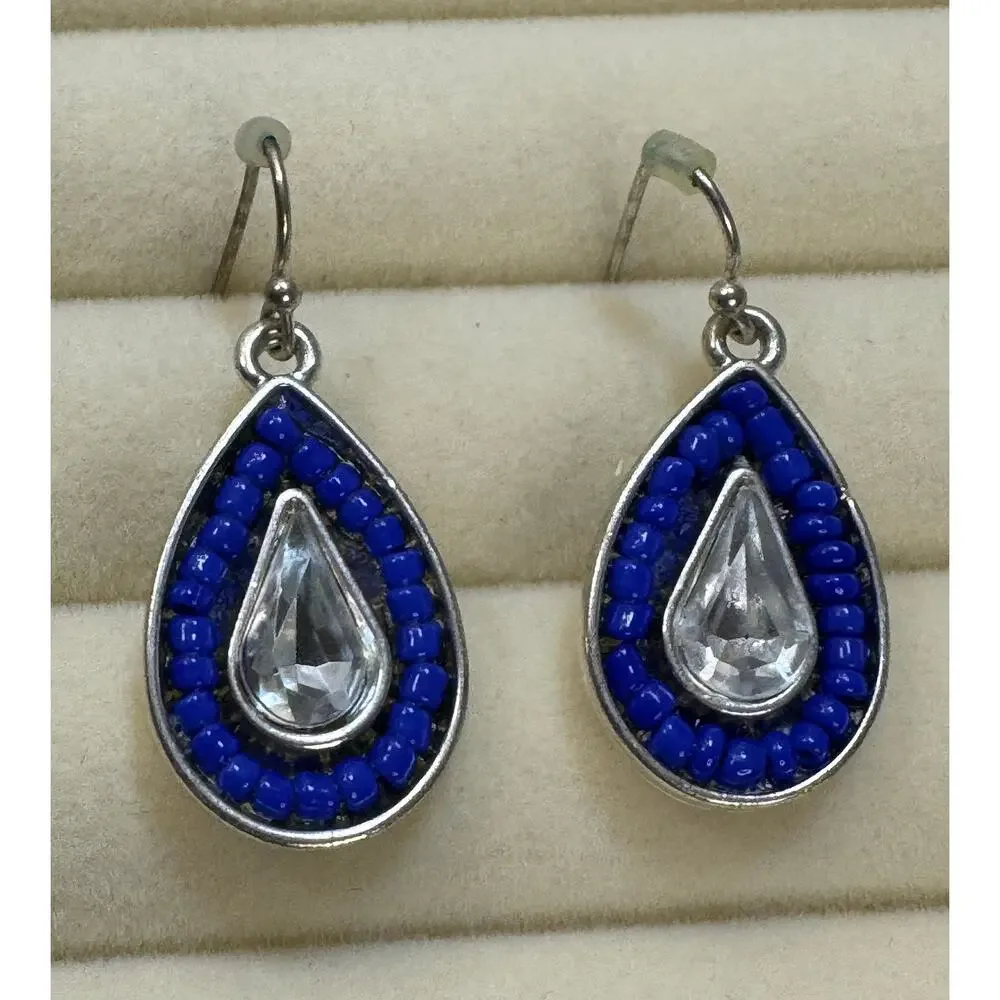 Blue Beaded Teardrop Dangle Earrings Silver Clear Crystal 1.25